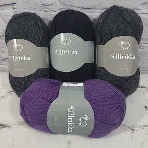 Ullrikka Swedish Wool Yarn 100% Ull Lot‎ Of 4 Mini Skeins Black Gray Purple New